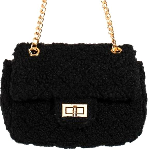 Faux Fur Rectangle Crossbody Bag Elegant Black Chain Shoulder Bag - Picture 1 of 3